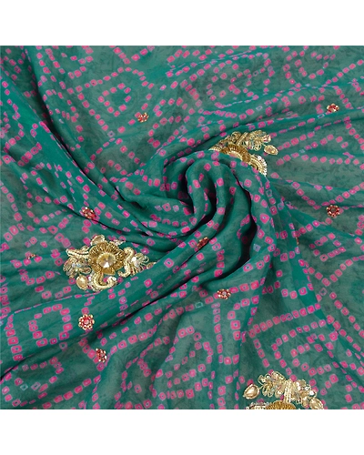 Sanskriti Vintage Green Sarees Blend Georgette Hand Beaded Bandhani Sari Fabric, PS-57738-Shade Of Green-Bandhani Print Work-Blend Georgette &amp; Chiffon Silk-6