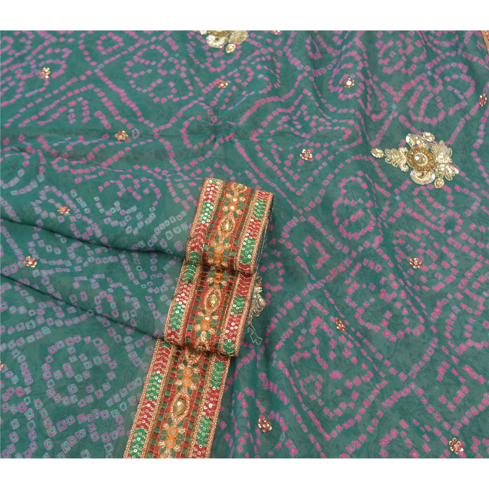 Sanskriti Vintage Green Sarees Blend Georgette Hand Beaded Bandhani Sari Fabric, PS-57738-Shade Of Green-Bandhani Print Work-Blend Georgette &amp; Chiffon Silk-7