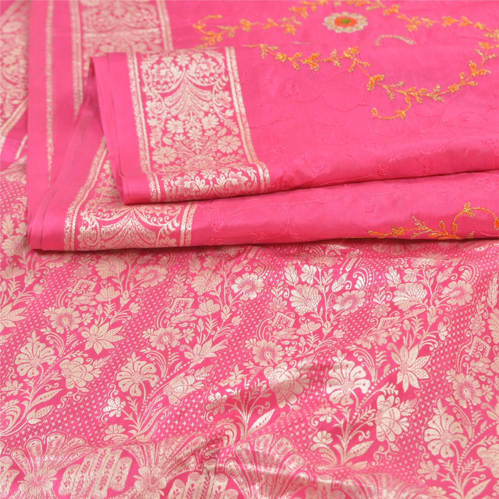 Sanskriti Vintage Pink Sarees Pure Silk Embroidered Woven Sari Fabric Blouse Pc, PS-57740-Pink-Hand-Woven Work-100% Pure Silk-2