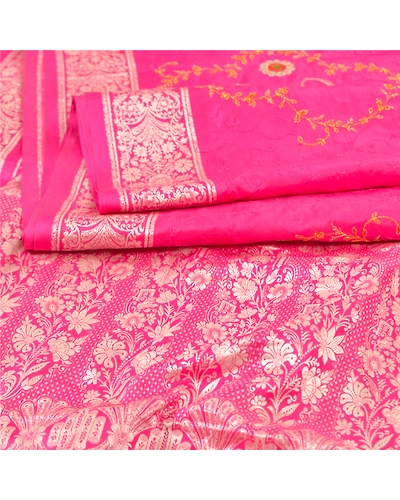 Sanskriti Vintage Pink Sarees Pure Silk Embroidered Woven Sari Fabric Blouse Pc, PS-57740-Pink-Hand-Woven Work-100% Pure Silk-2
