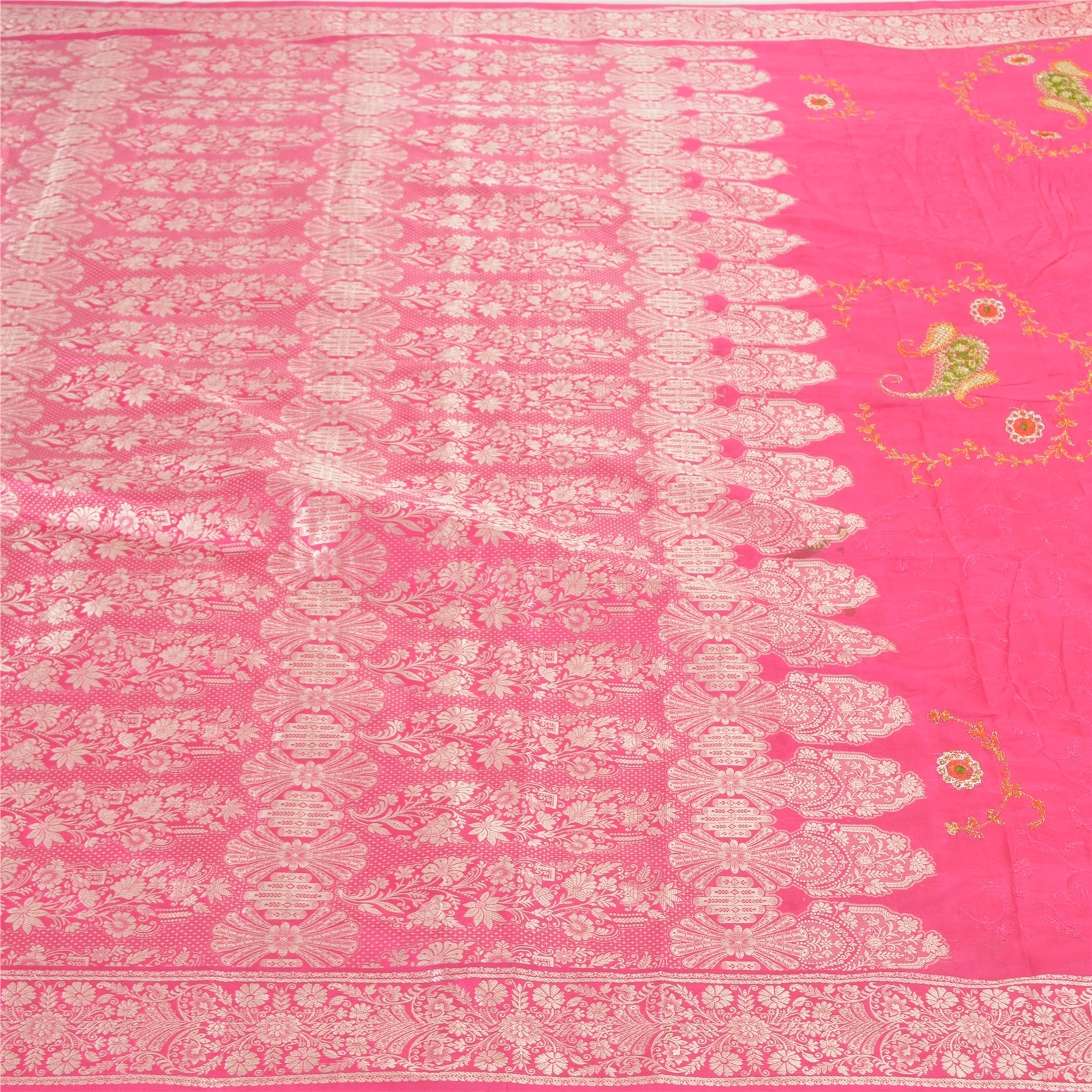 Sanskriti Vintage Pink Sarees Pure Silk Embroidered Woven Sari Fabric Blouse Pc, PS-57740-Pink-Hand-Woven Work-100% Pure Silk-4