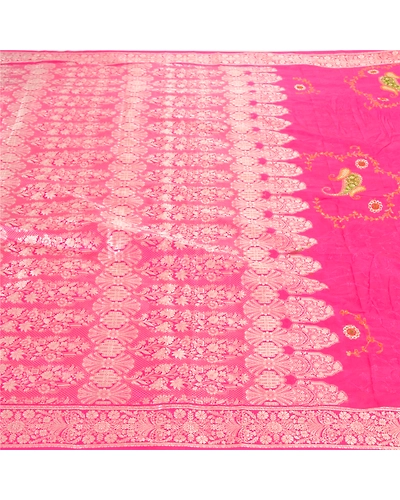 Sanskriti Vintage Pink Sarees Pure Silk Embroidered Woven Sari Fabric Blouse Pc, PS-57740-Pink-Hand-Woven Work-100% Pure Silk-4