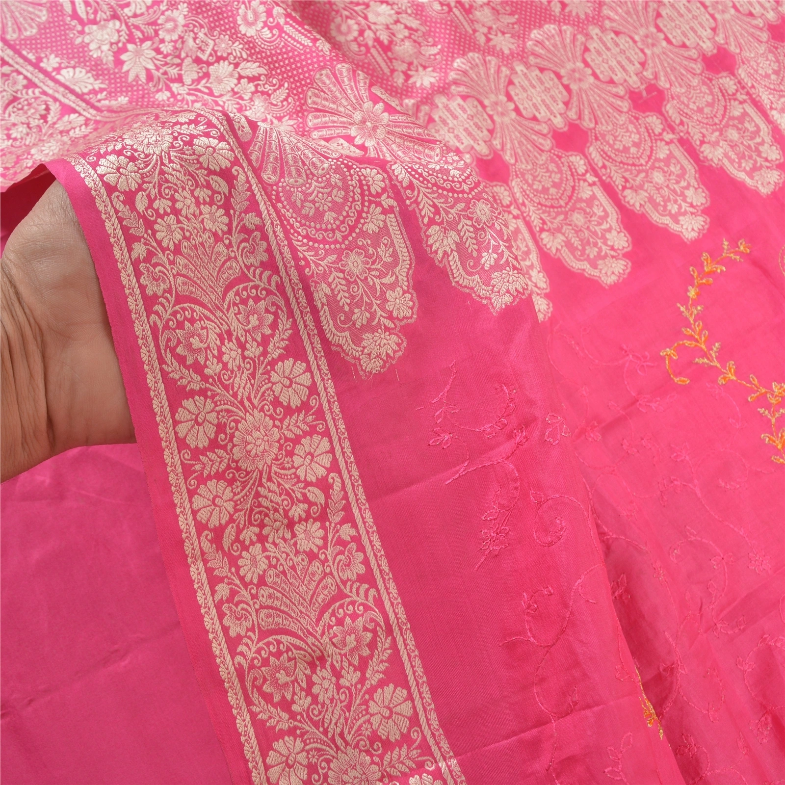 Sanskriti Vintage Pink Sarees Pure Silk Embroidered Woven Sari Fabric Blouse Pc, PS-57740-Pink-Hand-Woven Work-100% Pure Silk-5