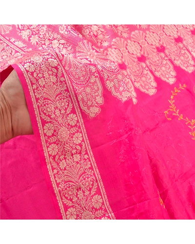 Sanskriti Vintage Pink Sarees Pure Silk Embroidered Woven Sari Fabric Blouse Pc, PS-57740-Pink-Hand-Woven Work-100% Pure Silk-5
