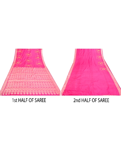 Sanskriti Vintage Pink Sarees Pure Silk Embroidered Woven Sari Fabric Blouse Pc, PS-57740-Pink-Hand-Woven Work-100% Pure Silk-6