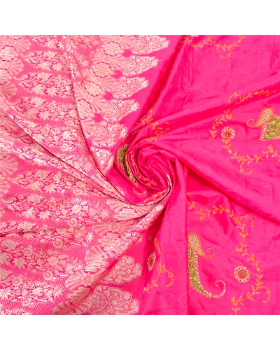 Sanskriti Vintage Pink Sarees Pure Silk Embroidered Woven Sari Fabric Blouse Pc, PS-57740-Pink-Hand-Woven Work-100% Pure Silk-7
