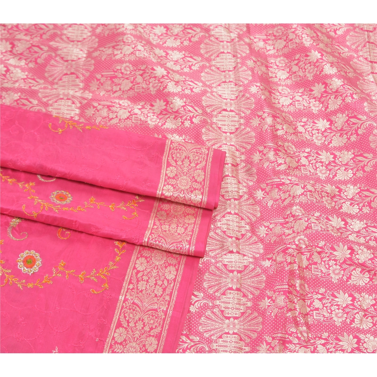 Sanskriti Vintage Pink Sarees Pure Silk Embroidered Woven Sari Fabric Blouse Pc, PS-57740-Pink-Hand-Woven Work-100% Pure Silk-8