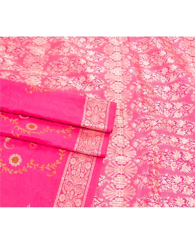 Sanskriti Vintage Pink Sarees Pure Silk Embroidered Woven Sari Fabric Blouse Pc, PS-57740-Pink-Hand-Woven Work-100% Pure Silk-8