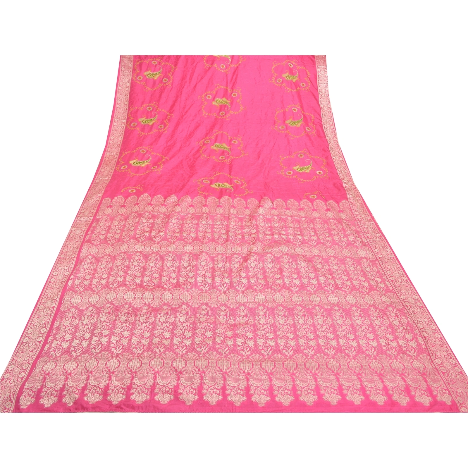 Sanskriti Vintage Pink Sarees Pure Silk Embroidered Woven Sari Fabric Blouse Pc, PS-57740-Pink-Hand-Woven Work-100% Pure Silk-9