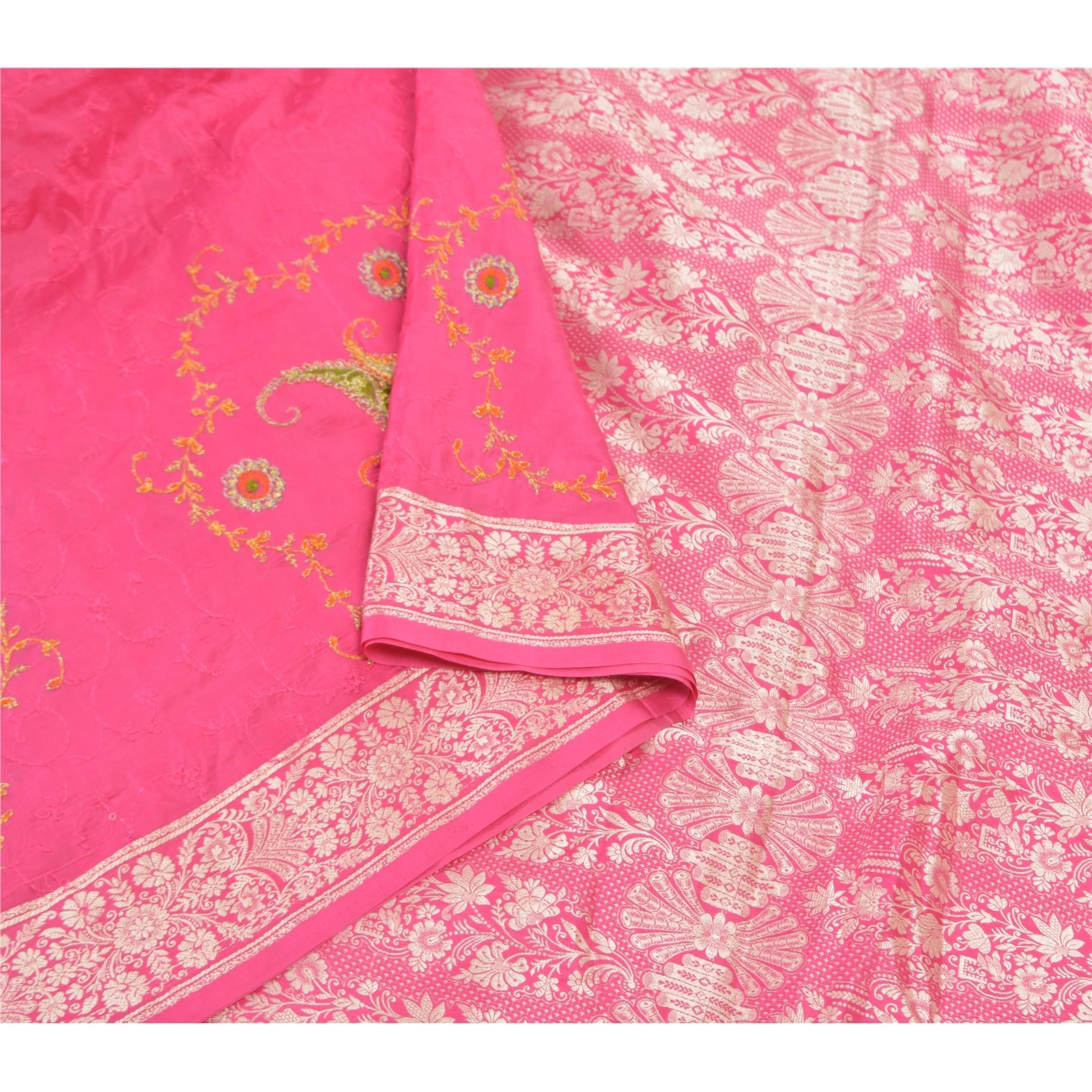 Sanskriti Vintage Pink Sarees Pure Silk Embroidered Woven Sari Fabric Blouse Pc, PS-57740-Pink-Hand-Woven Work-100% Pure Silk-10