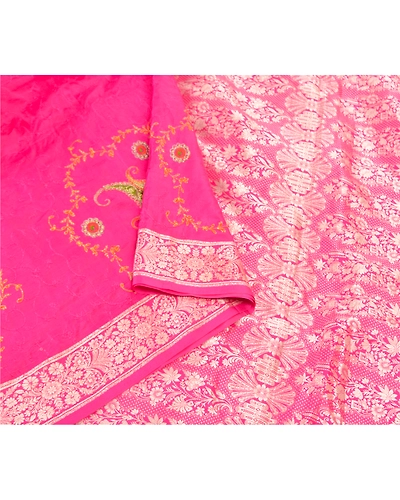 Sanskriti Vintage Pink Sarees Pure Silk Embroidered Woven Sari Fabric Blouse Pc, PS-57740-Pink-Hand-Woven Work-100% Pure Silk-10