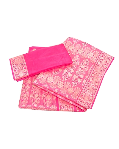 Sanskriti Vintage Pink Sarees Pure Silk Embroidered Woven Sari Fabric Blouse Pc, PS-57740-Pink-Hand-Woven Work-100% Pure Silk-11