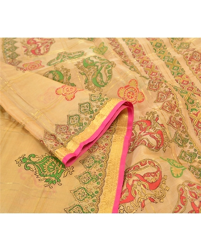 Sanskriti Vintage Beige Sarees 100% Pure Silk Painted Craft Sari 5 Yard Fabric, PS-57743-Shade Of Beige-Painted Work-100% Pure Silk-2