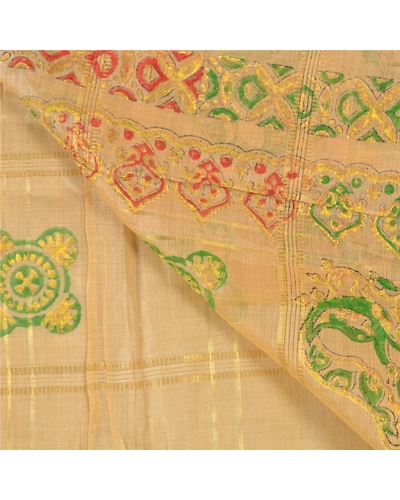 Sanskriti Vintage Beige Sarees 100% Pure Silk Painted Craft Sari 5 Yard Fabric, PS-57743-Shade Of Beige-Painted Work-100% Pure Silk-3