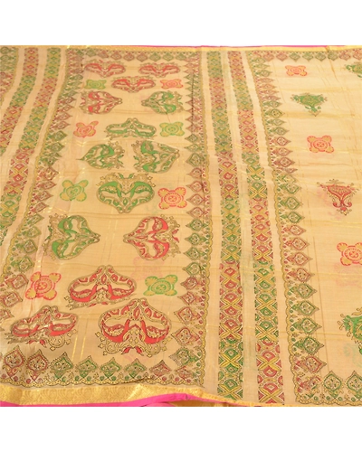 Sanskriti Vintage Beige Sarees 100% Pure Silk Painted Craft Sari 5 Yard Fabric, PS-57743-Shade Of Beige-Painted Work-100% Pure Silk-4