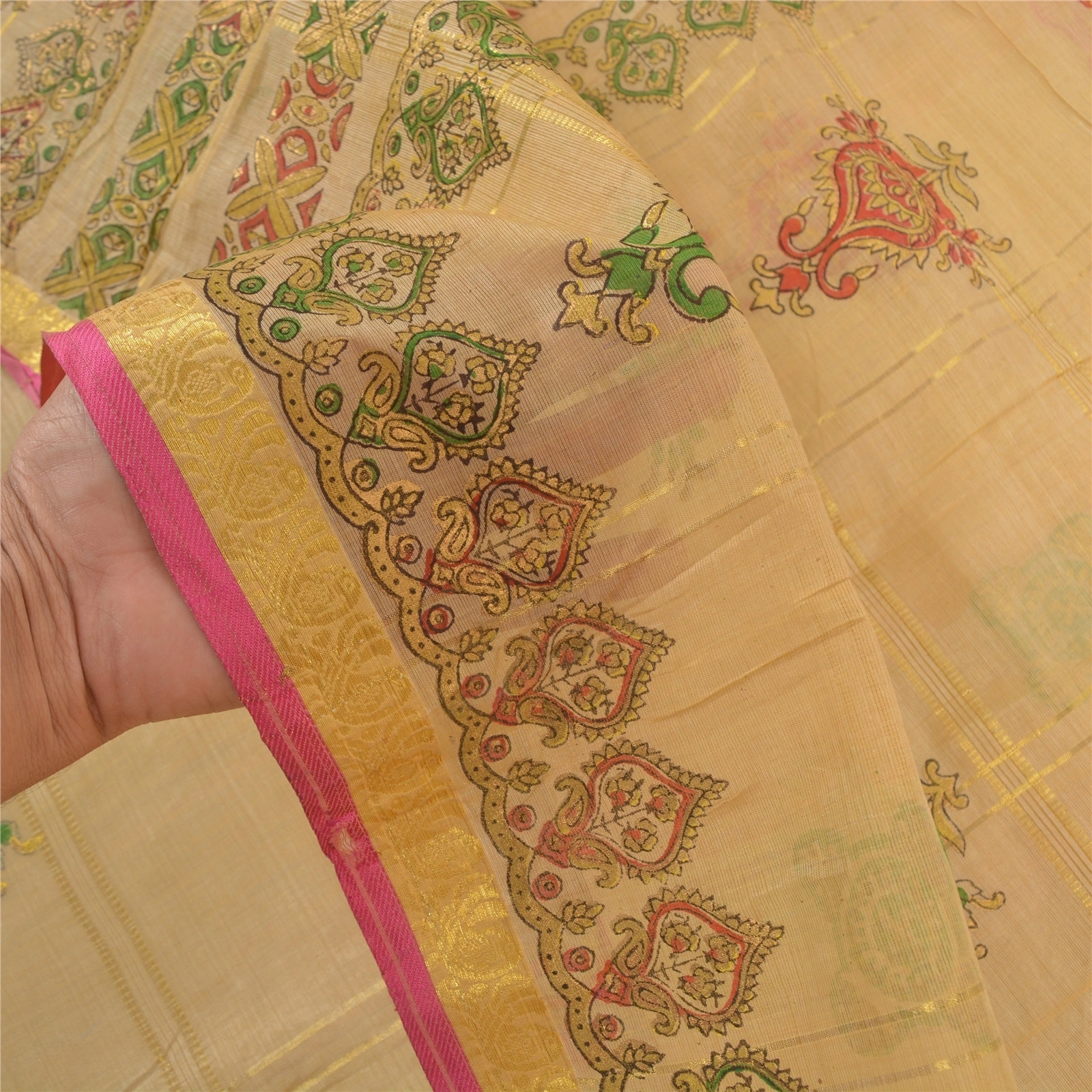 Sanskriti Vintage Beige Sarees 100% Pure Silk Painted Craft Sari 5 Yard Fabric, PS-57743-Shade Of Beige-Painted Work-100% Pure Silk-5