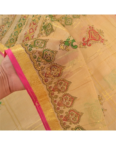 Sanskriti Vintage Beige Sarees 100% Pure Silk Painted Craft Sari 5 Yard Fabric, PS-57743-Shade Of Beige-Painted Work-100% Pure Silk-5