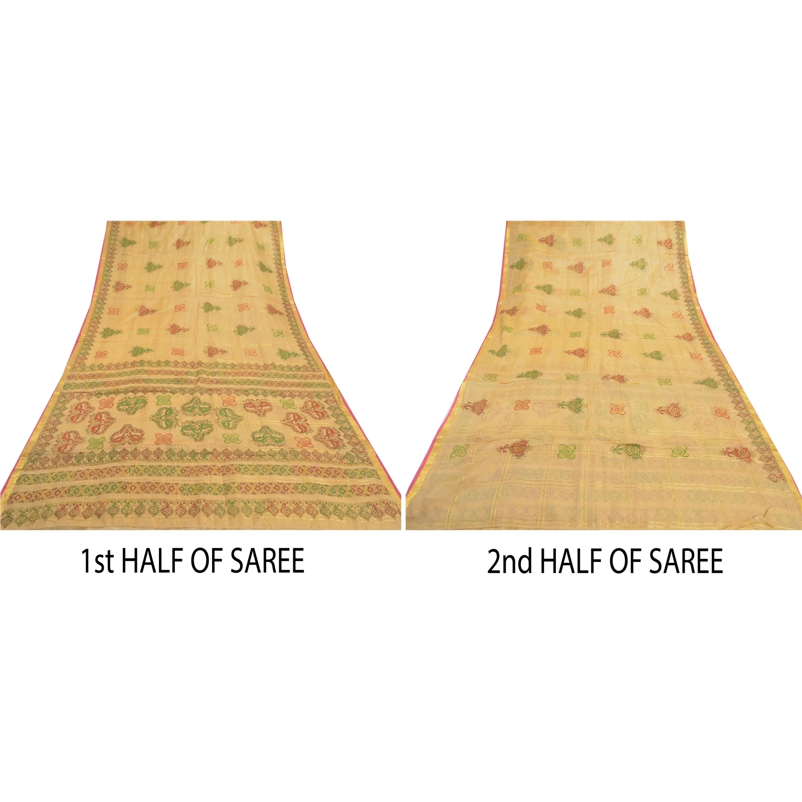 Sanskriti Vintage Beige Sarees 100% Pure Silk Painted Craft Sari 5 Yard Fabric, PS-57743-Shade Of Beige-Painted Work-100% Pure Silk-6