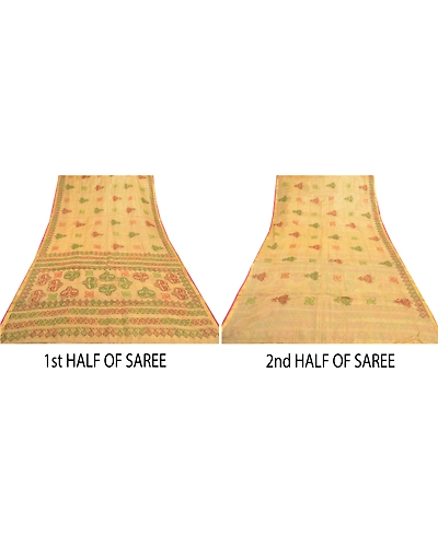 Sanskriti Vintage Beige Sarees 100% Pure Silk Painted Craft Sari 5 Yard Fabric, PS-57743-Shade Of Beige-Painted Work-100% Pure Silk-6
