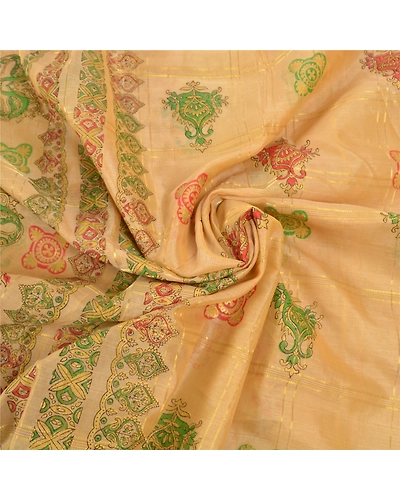 Sanskriti Vintage Beige Sarees 100% Pure Silk Painted Craft Sari 5 Yard Fabric, PS-57743-Shade Of Beige-Painted Work-100% Pure Silk-7
