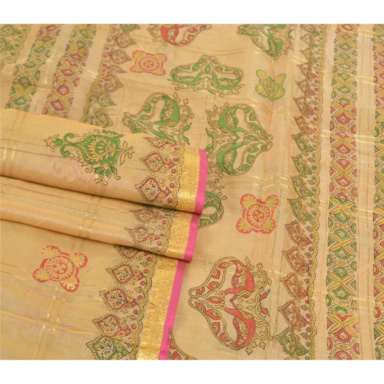 Sanskriti Vintage Beige Sarees 100% Pure Silk Painted Craft Sari 5 Yard Fabric, PS-57743-Shade Of Beige-Painted Work-100% Pure Silk-8