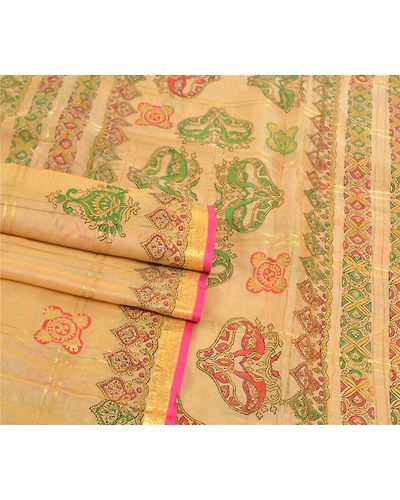 Sanskriti Vintage Beige Sarees 100% Pure Silk Painted Craft Sari 5 Yard Fabric, PS-57743-Shade Of Beige-Painted Work-100% Pure Silk-8