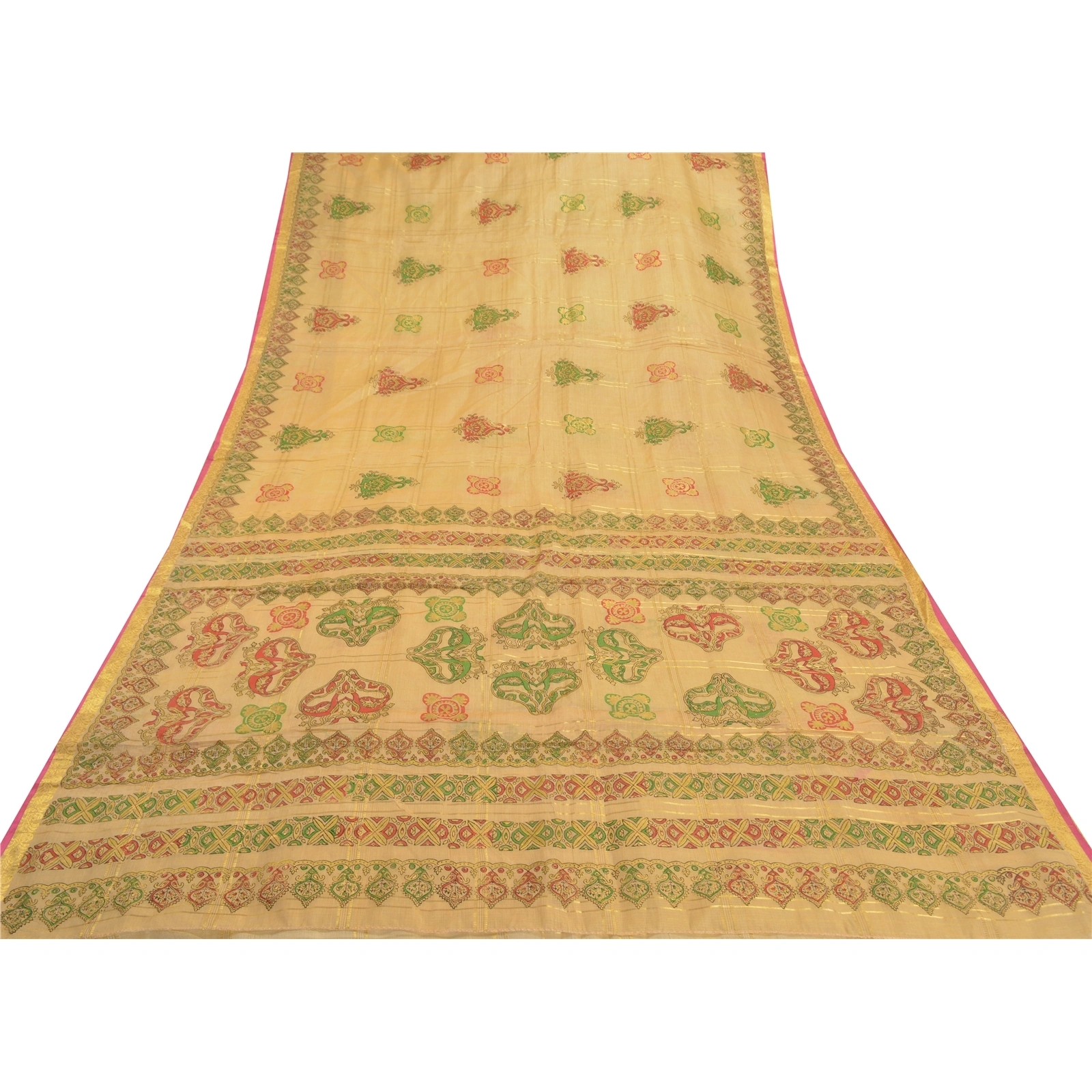 Sanskriti Vintage Beige Sarees 100% Pure Silk Painted Craft Sari 5 Yard Fabric, PS-57743-Shade Of Beige-Painted Work-100% Pure Silk-9