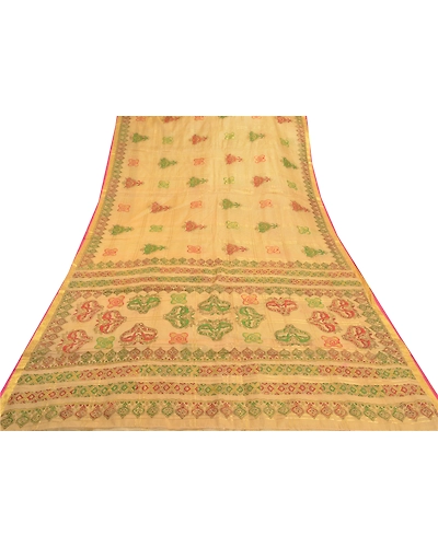 Sanskriti Vintage Beige Sarees 100% Pure Silk Painted Craft Sari 5 Yard Fabric, PS-57743-Shade Of Beige-Painted Work-100% Pure Silk-9
