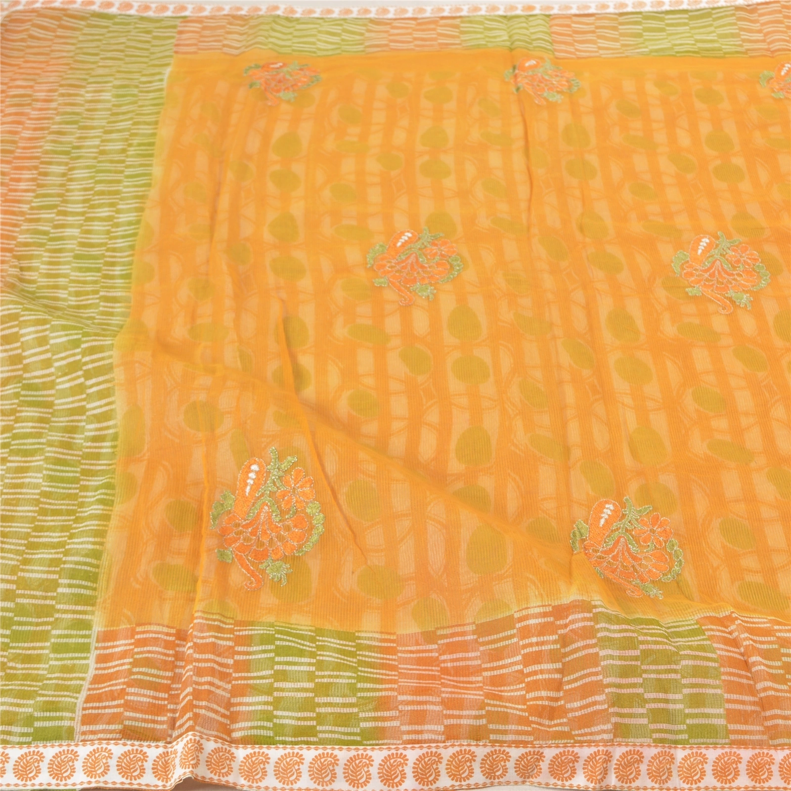 Sanskriti Vintage Saffron Sarees Blend Cotton Embroidered Kota Sari Fabric, PS-57747-Shade Of Saffron &amp; Green-Printed Work-Blend Cotton-3