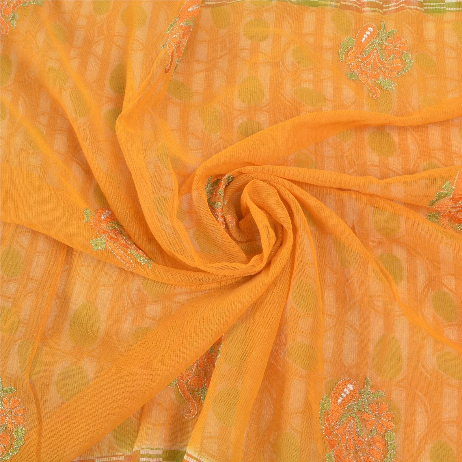 Sanskriti Vintage Saffron Sarees Blend Cotton Embroidered Kota Sari Fabric, PS-57747-Shade Of Saffron &amp; Green-Printed Work-Blend Cotton-6