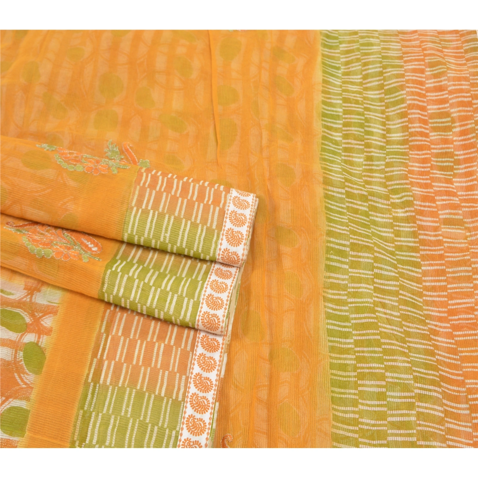 Sanskriti Vintage Saffron Sarees Blend Cotton Embroidered Kota Sari Fabric, PS-57747-Shade Of Saffron &amp; Green-Printed Work-Blend Cotton-7