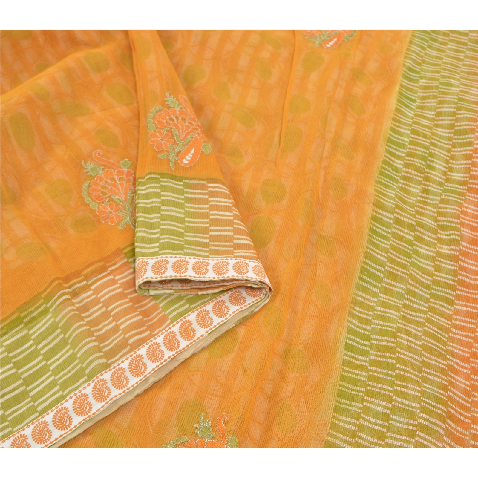 Sanskriti Vintage Saffron Sarees Blend Cotton Embroidered Kota Sari Fabric, PS-57747-Shade Of Saffron &amp; Green-Printed Work-Blend Cotton-9