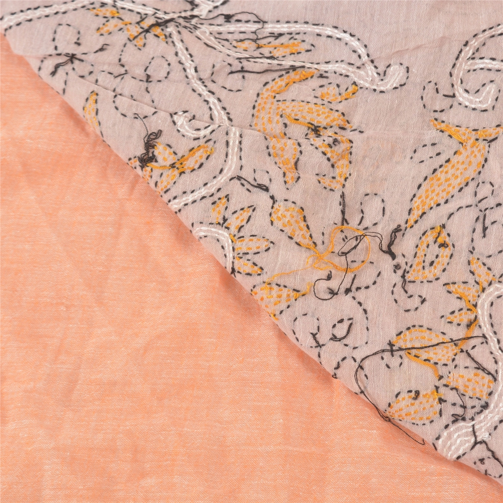 Sanskriti Vintage Peach Sarees Pure Cotton Sari Hand Embroidered Kantha Fabric, PS-57750-Shade Of Peach &amp; Pink-Thread Work-100% Pure Cotton-2