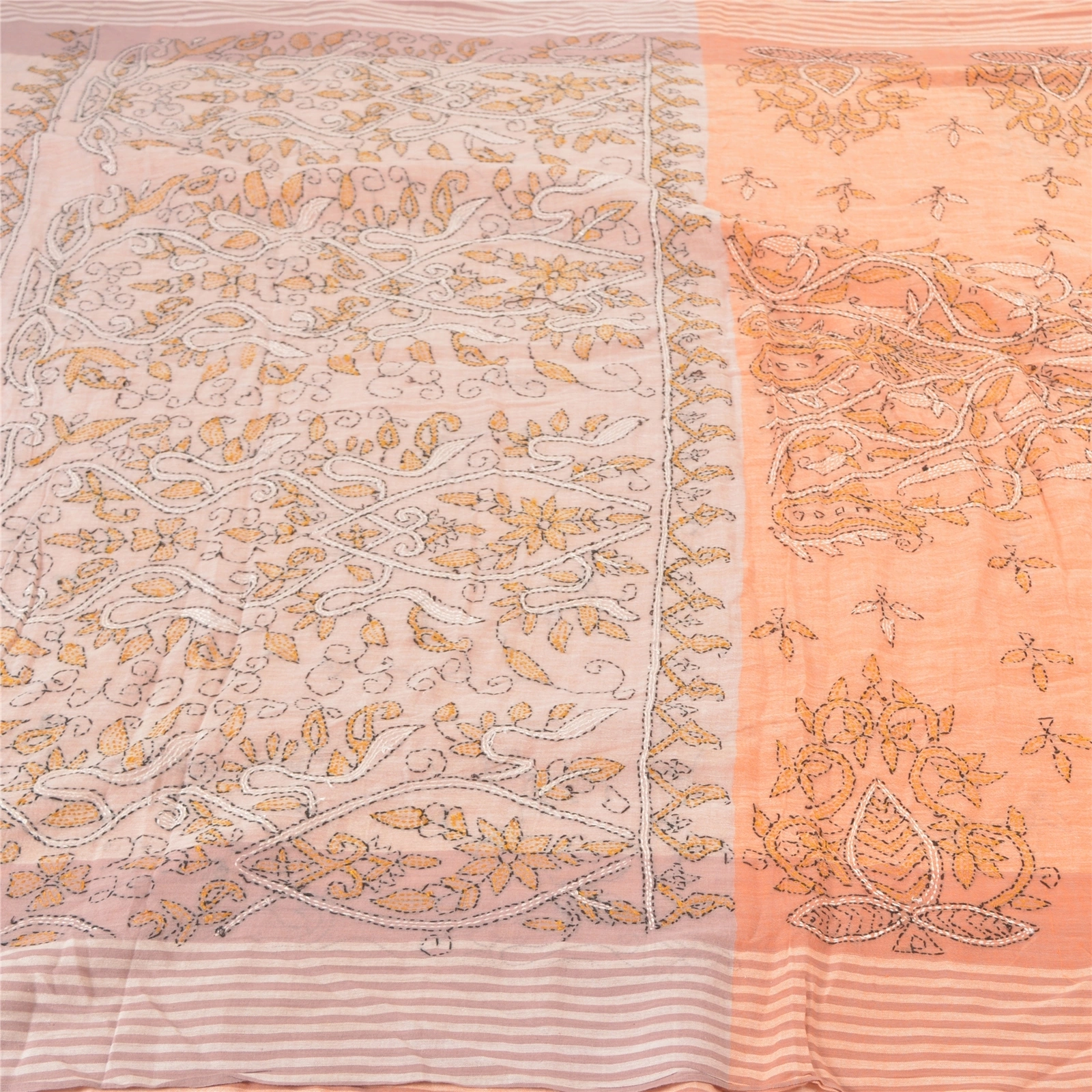 Sanskriti Vintage Peach Sarees Pure Cotton Sari Hand Embroidered Kantha Fabric, PS-57750-Shade Of Peach &amp; Pink-Thread Work-100% Pure Cotton-3