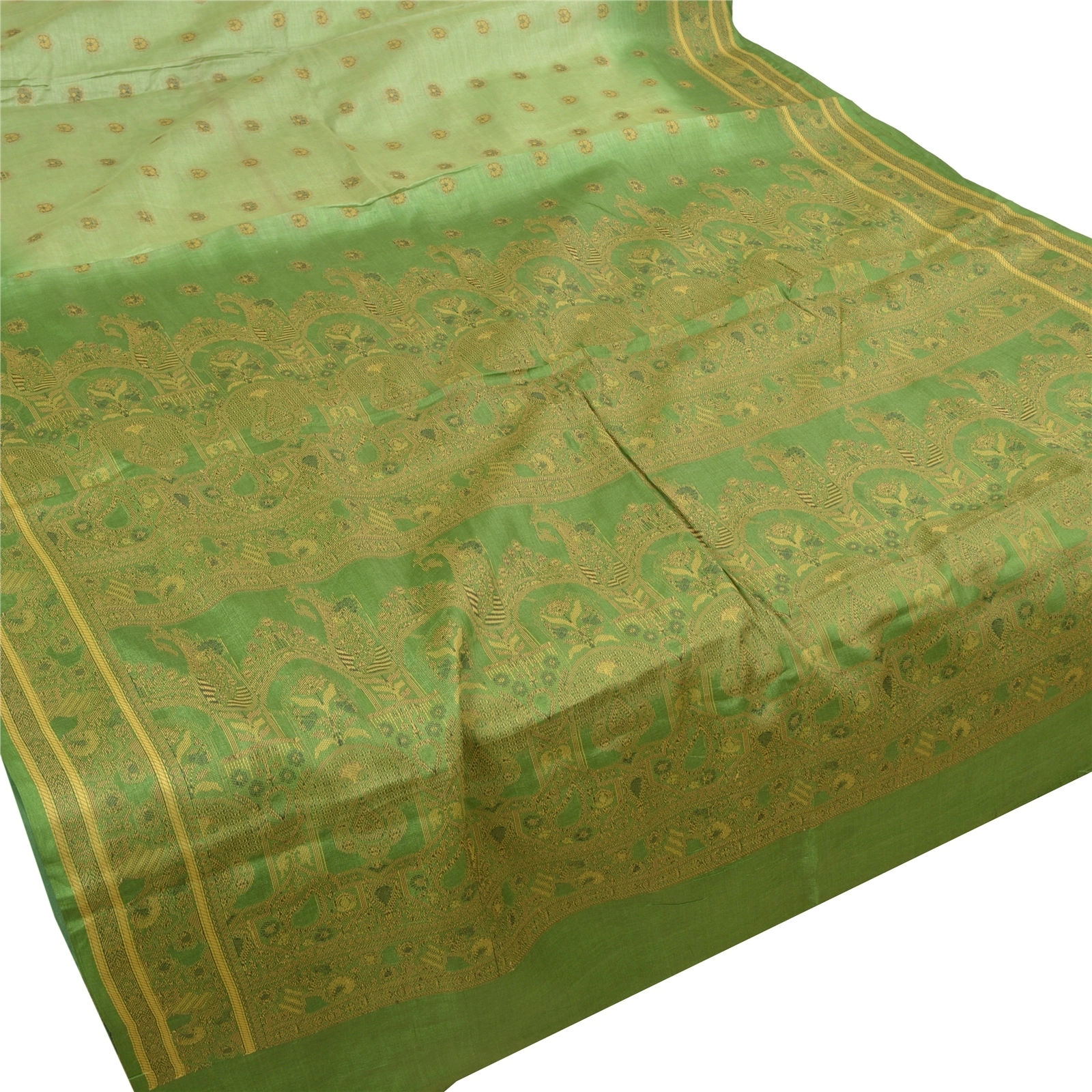 Sanskriti Vintage Green Sarees 100% Pure Silk Handwoven Sari Craft Fabric, PS-57807-Green-Hand-Woven Work-100% Pure Silk-2