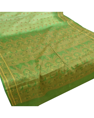 Sanskriti Vintage Green Sarees 100% Pure Silk Handwoven Sari Craft Fabric, PS-57807-Green-Hand-Woven Work-100% Pure Silk-2