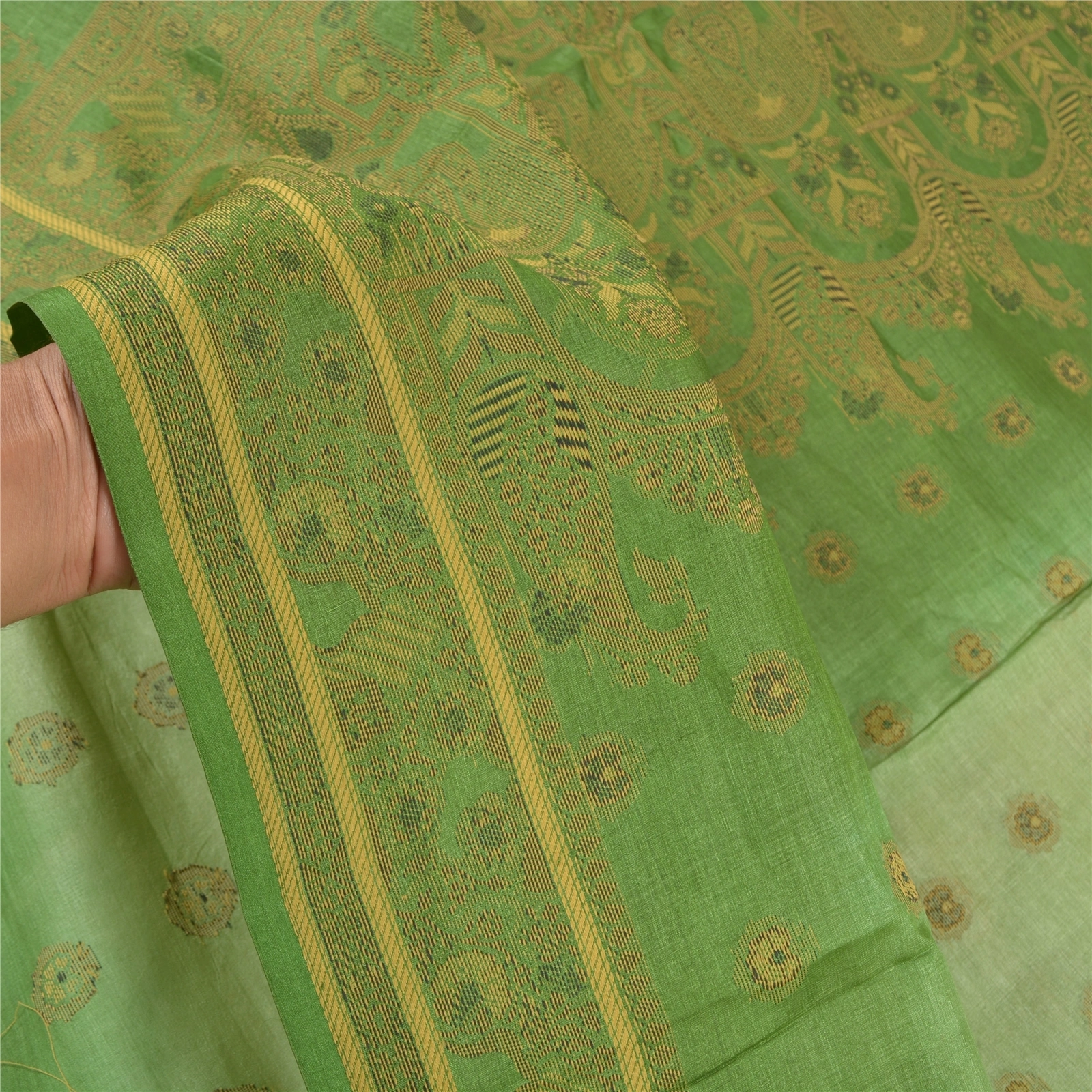 Sanskriti Vintage Green Sarees 100% Pure Silk Handwoven Sari Craft Fabric, PS-57807-Green-Hand-Woven Work-100% Pure Silk-5