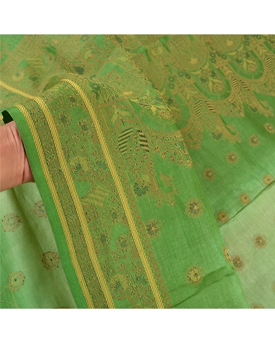 Sanskriti Vintage Green Sarees 100% Pure Silk Handwoven Sari Craft Fabric, PS-57807-Green-Hand-Woven Work-100% Pure Silk-5