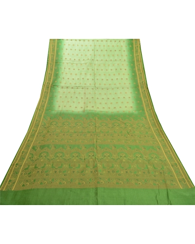 Sanskriti Vintage Green Sarees 100% Pure Silk Handwoven Sari Craft Fabric, PS-57807-Green-Hand-Woven Work-100% Pure Silk-9
