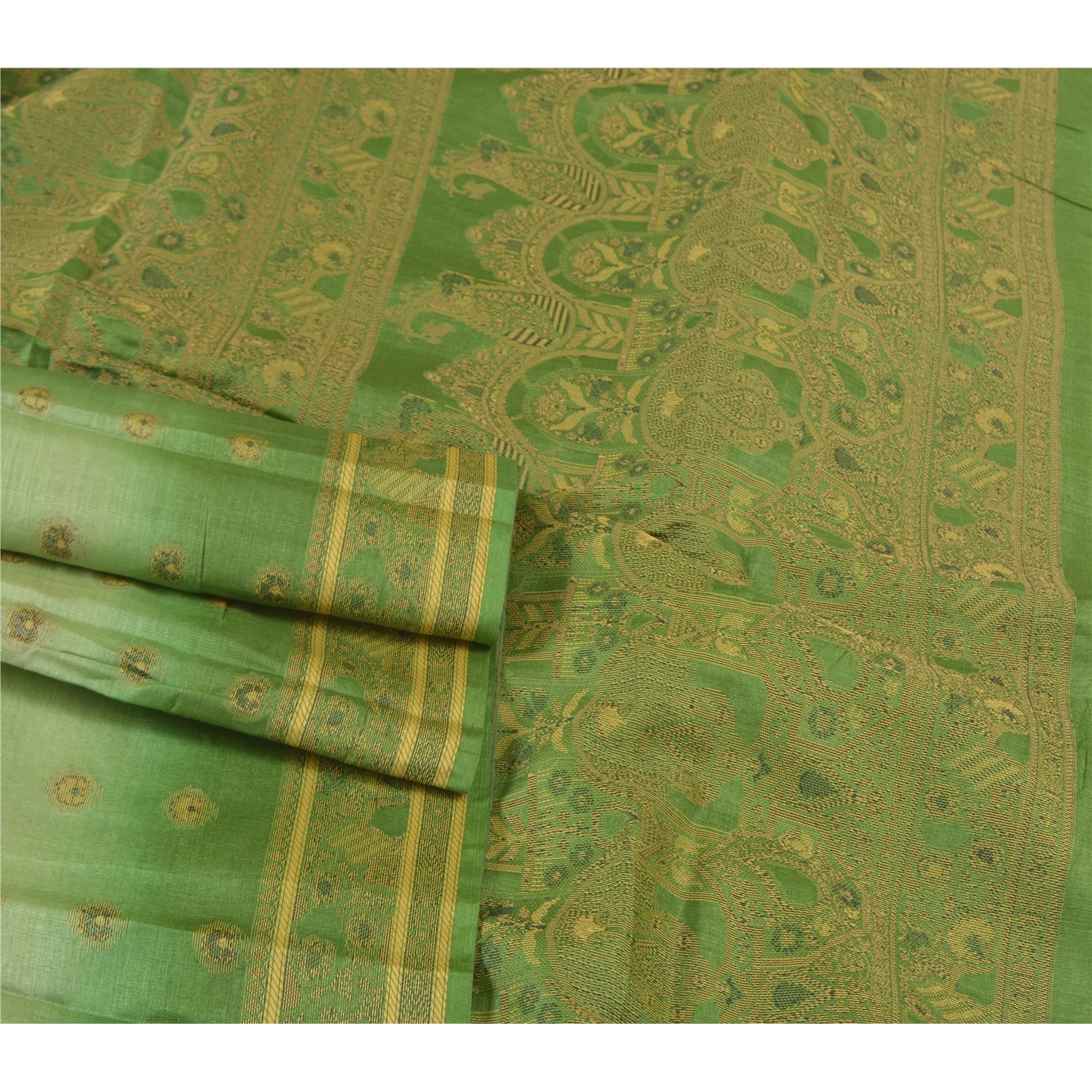 Sanskriti Vintage Green Sarees 100% Pure Silk Handwoven Sari Craft Fabric, PS-57807-Green-Hand-Woven Work-100% Pure Silk-10