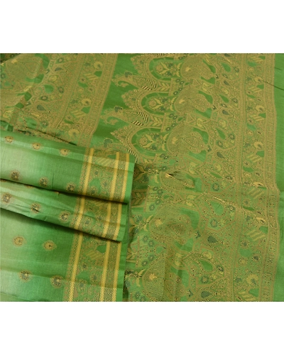 Sanskriti Vintage Green Sarees 100% Pure Silk Handwoven Sari Craft Fabric, PS-57807-Green-Hand-Woven Work-100% Pure Silk-10