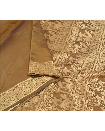 Sanskriti Vintage Sarees Blend Silk Woven Baluchari Mythological Sari Fabric, PS-57815-Green-Woven Work-Blend Silk-10