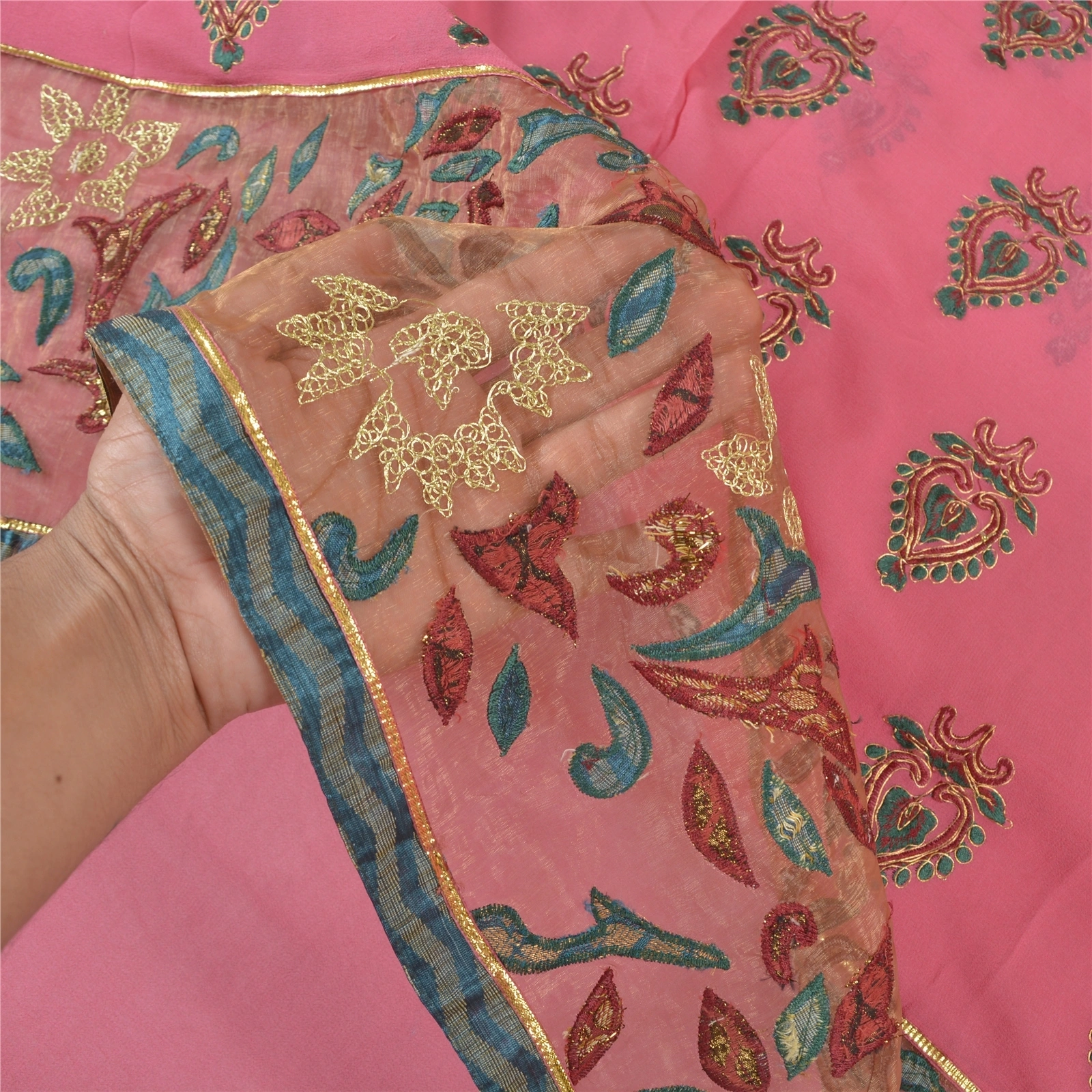 Sanskriti Vintage Pink Sarees Pure Georgette Silk Embroidered Ethnic Sari Fabric, PS-57825-Pink-Thread Work-100% Pure Georgette Silk-4