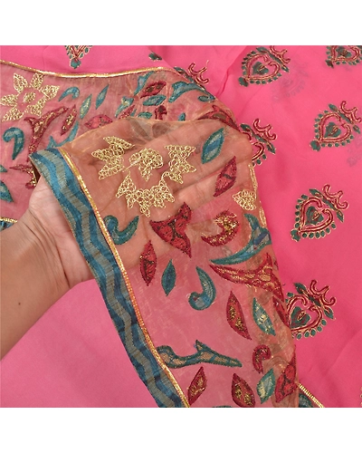 Sanskriti Vintage Pink Sarees Pure Georgette Silk Embroidered Ethnic Sari Fabric, PS-57825-Pink-Thread Work-100% Pure Georgette Silk-4