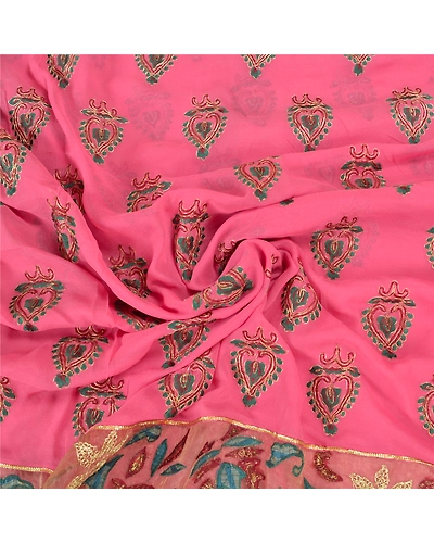 Sanskriti Vintage Pink Sarees Pure Georgette Silk Embroidered Ethnic Sari Fabric, PS-57825-Pink-Thread Work-100% Pure Georgette Silk-7