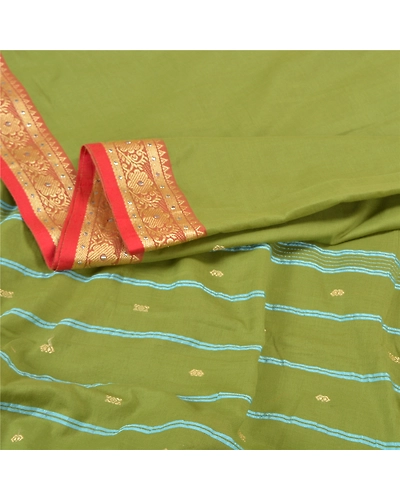 Sanskriti Vintage Green Sarees Blend Cotton Handwoven Bengali Tant Saree Fabric, PS-57849-Green-Hand Woven Work-Blend Cotton-2