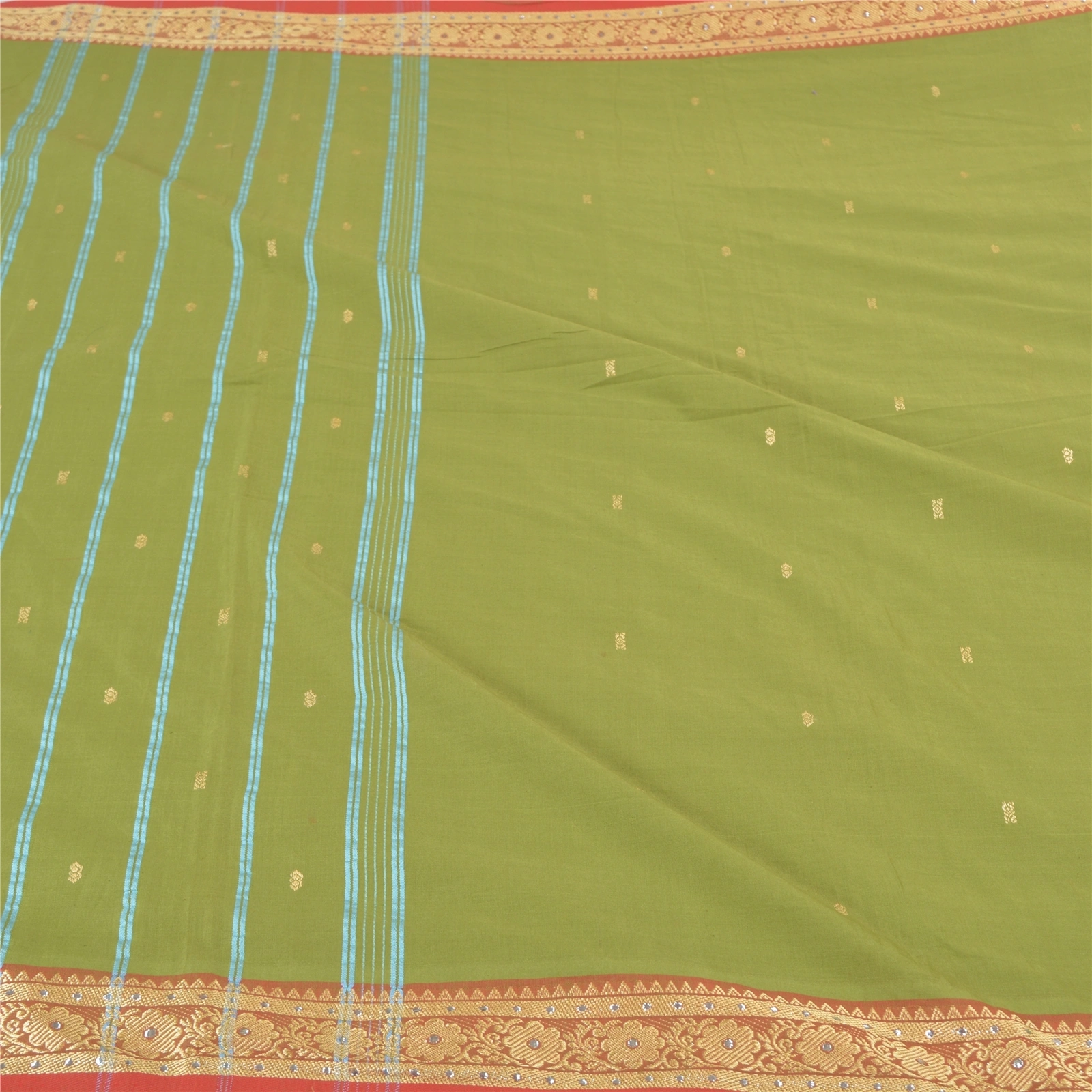 Sanskriti Vintage Green Sarees Blend Cotton Handwoven Bengali Tant Saree Fabric, PS-57849-Green-Hand Woven Work-Blend Cotton-4