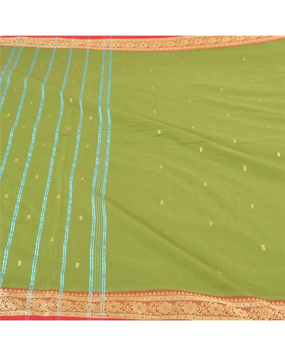 Sanskriti Vintage Green Sarees Blend Cotton Handwoven Bengali Tant Saree Fabric, PS-57849-Green-Hand Woven Work-Blend Cotton-4