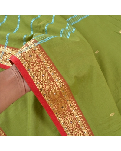 Sanskriti Vintage Green Sarees Blend Cotton Handwoven Bengali Tant Saree Fabric, PS-57849-Green-Hand Woven Work-Blend Cotton-5