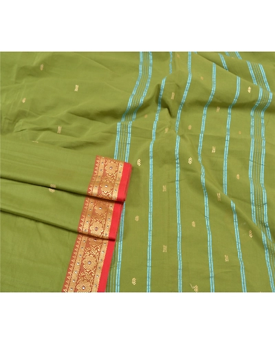 Sanskriti Vintage Green Sarees Blend Cotton Handwoven Bengali Tant Saree Fabric, PS-57849-Green-Hand Woven Work-Blend Cotton-8